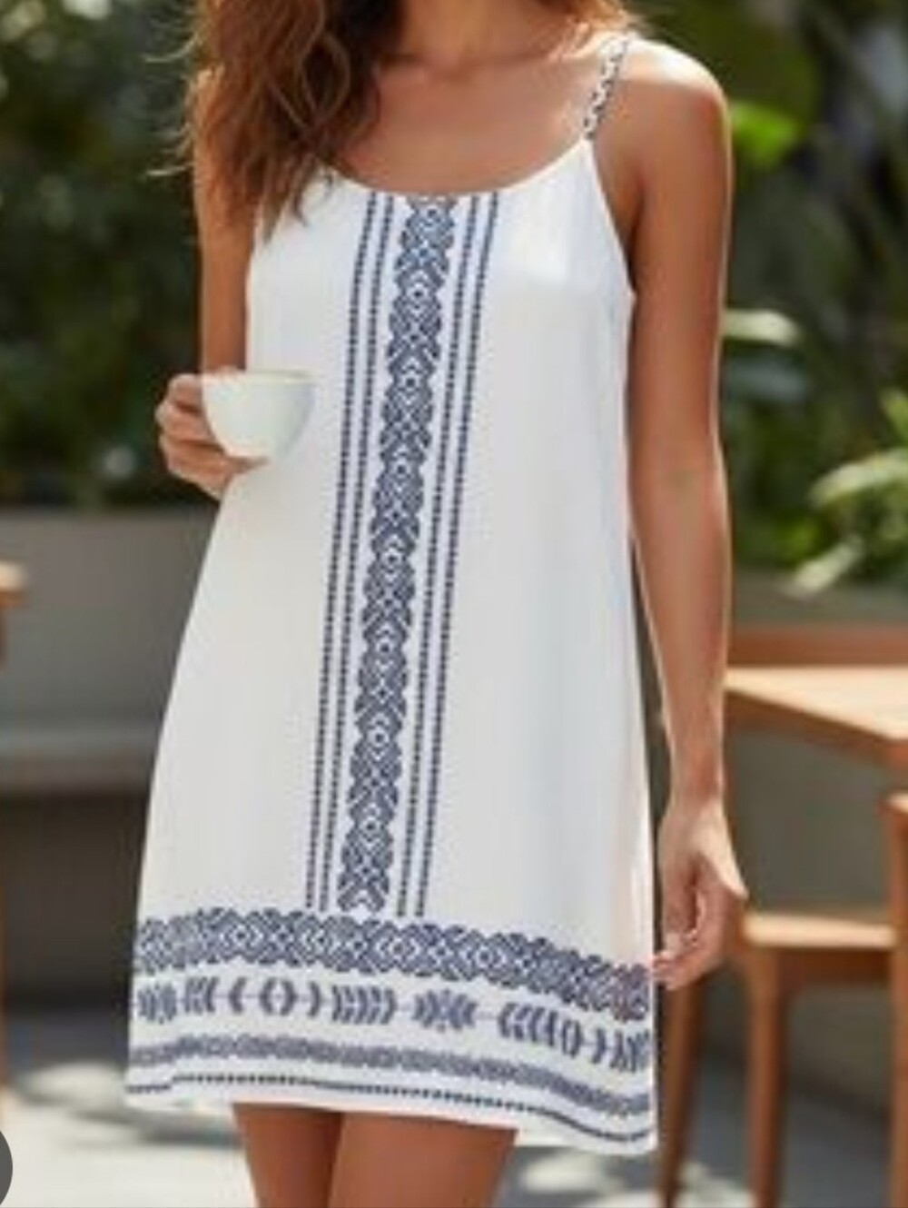 Skies Are Blue Cream Dress Navy Embroidered Trim Aztec